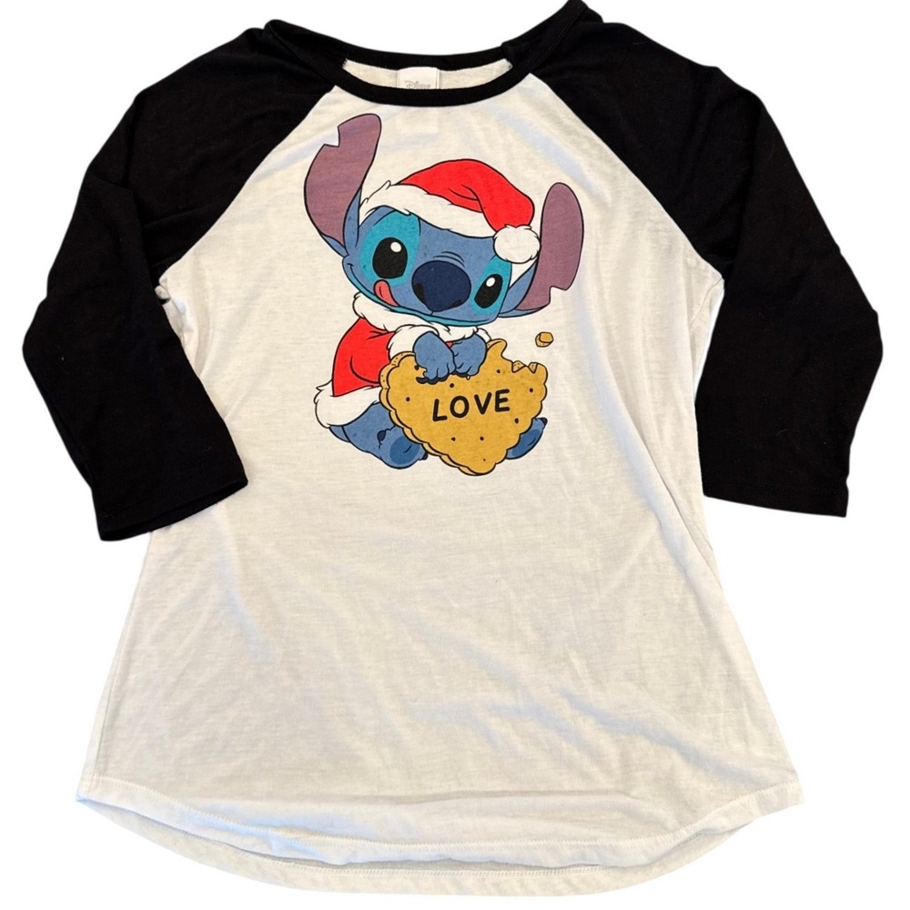 Disney Lilo & Stitch Christmas Raglan Shirt Black White Stitch Santa Cookie M